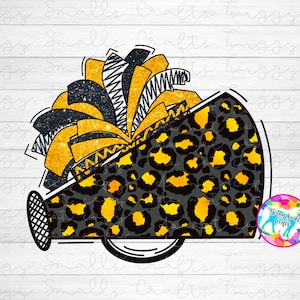 Cheerleading, PNG, Sublimation Design Download, Megaphone, Cheerleader, Clipart, Cheetah print, leopard, Yellow, Black, Glitter, Pom Poms