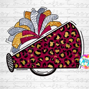 Cheerleading, PNG, Sublimation Design Download, Megaphone, Cheerleader, Clipart, Cheetah print, leopard, Maroon, Gold, Glitter, Pom Poms