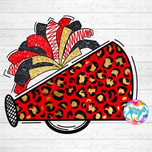 Cheerleading, PNG, Sublimation Design Download, Megaphone, Cheerleader, Clipart, Cheetah print, leopard, Red, Gold, Black, Glitter, Pom Poms
