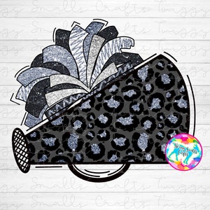 Cheerleading, PNG, Sublimation Design Download, Megaphone, Cheerleader, Clipart, Cheetah print, leopard, Black, Silver, Glitter, Pom Poms