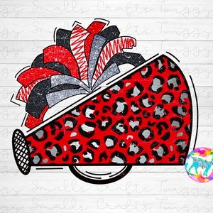 Cheerleading, PNG, Sublimation Design Download, Megaphone, Cheerleader, Clipart, Cheetah print, leopard, Red, Black, Gray, Glitter, Pom Poms