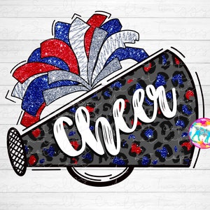 Cheer Sublimation, Megaphone, Design Download, Blue, red, silver, cheerleading, cheer mom, coach, football, PNG, Sublimation Files, Pom poms