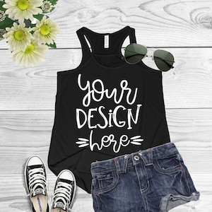 Bella + Canvas 8800, Mockup,  Black Tank, Racerback Tank, Womens Flat Lat, Styled Outfit Photo, Womens T Shirt Mockup, Wood Background