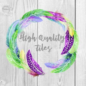 May include: A wreath of colorful feathers with green, purple, and yellow accents. The wreath is made of watercolor painted feathers and has a white background. The text "High Quality Files" is written in the center of the wreath.