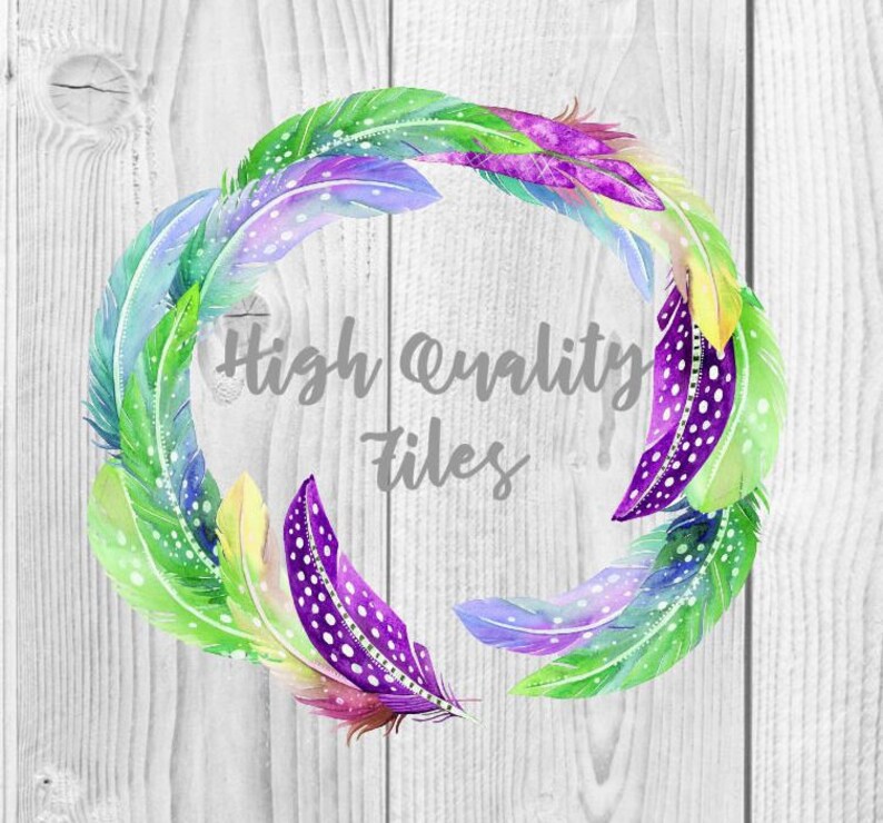 May include: A wreath of colorful feathers with green, purple, and yellow accents. The wreath is made of watercolor painted feathers and has a white background. The text "High Quality Files" is written in the center of the wreath.