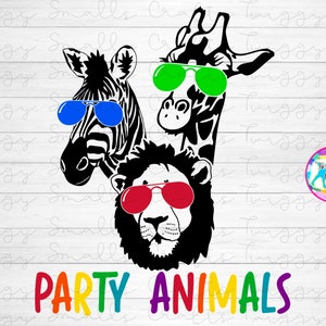 Partytiere, Sublimationsdruck PNG, Löwe, Zebra, Giraffe, PNG, Sublimationsdateien, Zoo Geburtstag, Partyhut, Sonnenbrillen Tiere