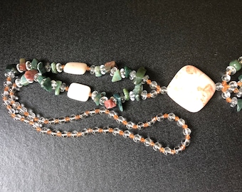 Natural stones and glass beaded necklace, vintage stone long necklace, green and white stone necklace
