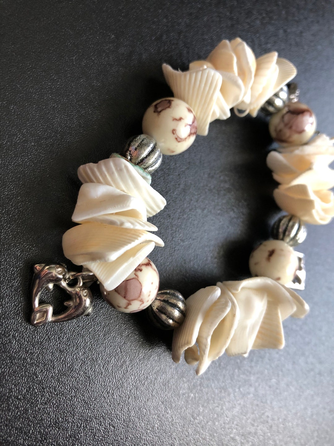 Seashell Bracelet: White Beads With Silver Charms - Etsy UK