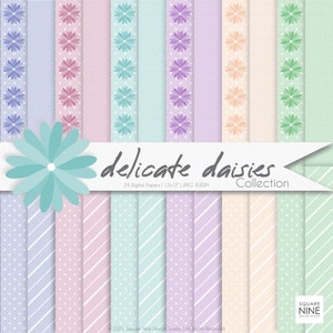 May include: A set of 24 digital papers featuring delicate daisy patterns in various colors, including pink, blue, purple, and green. The papers are 12x12 inches and 300 DPI. The text "delicate daisies collection" is displayed on a white banner.