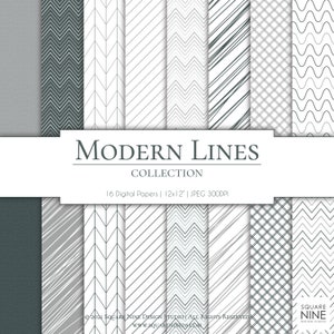 May include: A set of 16 digital papers featuring modern line patterns in black and white. The papers are 12 inches by 12 inches and 300 DPI. The collection is called "Modern Lines".