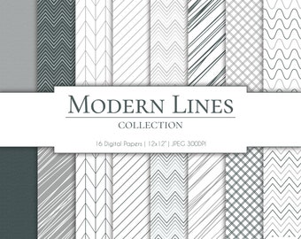 Modern Lines Digital Paper Pack | 16 Designs | 12x12 JPG Files | CMYK Colors | High Quality 300DPI | Online and Printable Use