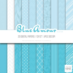 Op de afbeelding: Een verzameling van 20 digitale papieren in blauw en wit met verschillende geometrische patronen. De papieren zijn 30,5 x 30,5 cm en 300 DPI. De collectie heet "Blue Amour".