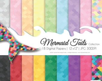 Mermaid Tails Digital Paper Pack | 18 Designs | 12x12 JPG Files | CMYK Colors | High Quality 300DPI | Online and Printable Use