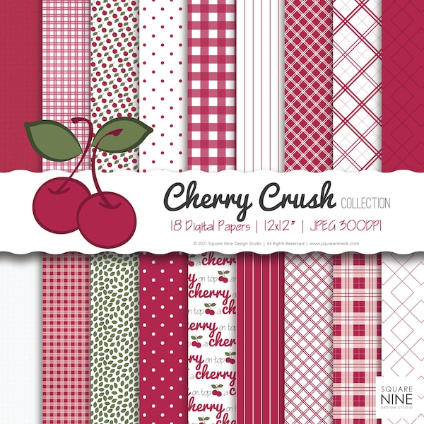 Cherry Crush Digital Paper Pack | 18 Designs | 12x12 JPG Dateien | CMYK Farben | Hochwertige 300DPI | Online und druckbare Nutzung