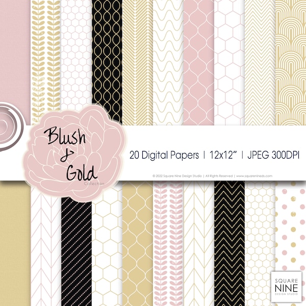 Blush & Gold Digital Paper Pack | 20 Designs | 12x12 JPG Files | CMYK Colors | High Quality 300DPI | Online and Printable Use