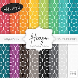 May include: 16 digital papers featuring a hexagon pattern in a rainbow of colours, including red, orange, yellow, green, blue, purple, brown, grey, and white. The papers are 12 inches by 12 inches and 300 DPI.