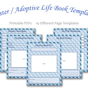 Op de afbeelding: Een set met printbare PDF-sjablonen voor een pleeg- of adoptie-levensboek. De pagina's hebben een blauw-wit geruit patroon en bevatten titels zoals "Plaatsen waar ik ben geweest", "Mijn adoptiegezin", "Mijn geboortefamilie" en "Mijn eerste mijlpalen".