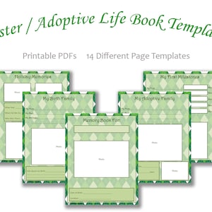 Op de afbeelding: Een set met printbare PDF-sjablonen voor een pleeg- of adoptie-levensboek. De sjablonen hebben een groen en wit ruitpatroon en bevatten pagina's voor vakantieherinneringen, geboortefamilie, adoptiegezin en mijlpalen. De tekst "Memory Book For" is zichtbaar op een van de sjablonen.