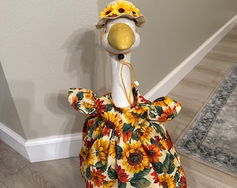 Porch Goose Outfit – Fall Harvest Dress with Sunflower Hat – Decorative Goose Clothes