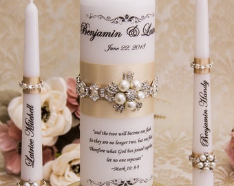 Personalized Wedding Unity Candle Set with Champagne Ribbons and Rhinestone and Pearl Brooch