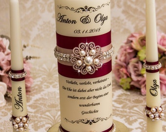 Personalized Unity Candle Set Rose Gold Wedding Candle Set Pearl Wedding Candles Burgundy Wedding Candles