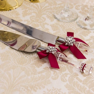 Bling Wedding Cake Knife and Server Ser, Burgundy Wedding Decor, Wedding Flutes, Champagne Flutes