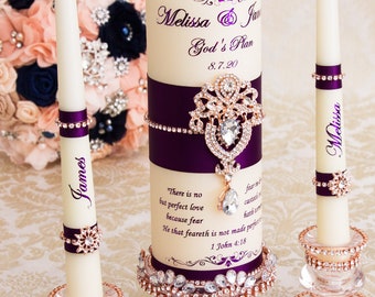 Rose Gold and Purple Wedding Unity Candle Set Wedding Candles Personalized Candles for Wedding