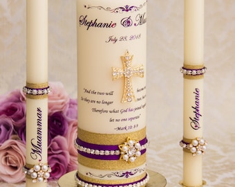 Gold and Purple Personalized Unity Candle Set with Gold Cross and Purple Foil Print