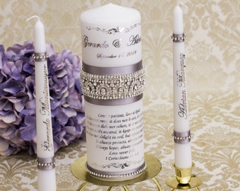 Silver Personalized Unity Candle Set for Weddings, Wedding Unity Candle Set