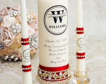 Personalized Wedding Unity Candle Set in Red and Gold with Rhinestone Trims, Wedding Candles Set