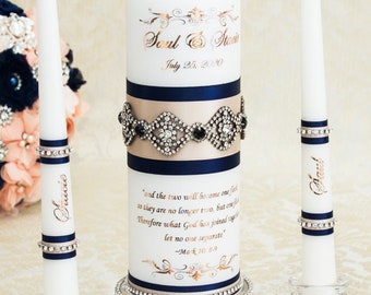 Silver Personalized Unity Candle Set for Weddings, Navy Blue and Blush Wedding Unity Candle Set, Bling Wedding Candles