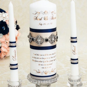 Ensemble de bougies Unity personnalisées en argent pour les mariages, ensemble de bougies Unity de mariage bleu marine et blush, bougies de mariage Bling
