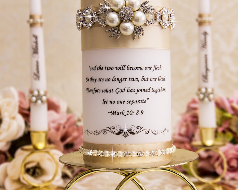 Wedding Unity Candle Set With Champagne Ribbons and Pearl Etsy