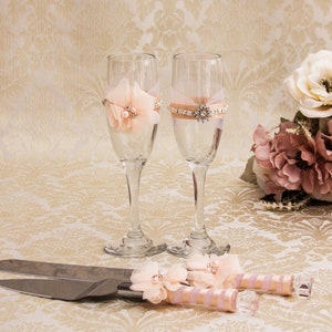 Wedding Flutes, Champagne Flutes, Wedding Cake Knife and Server Ser, Blush Wedding Decor