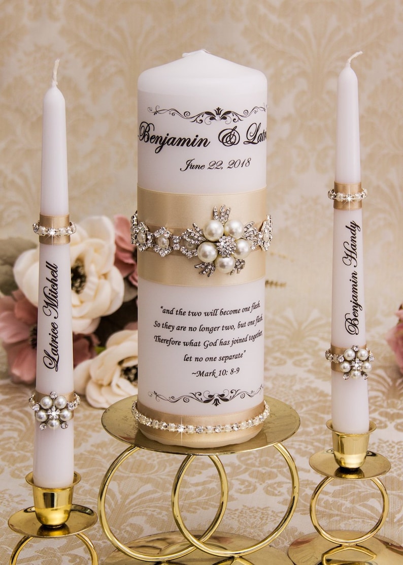 Personalized Wedding Unity Candle Set With Champagne Ribbons Etsy