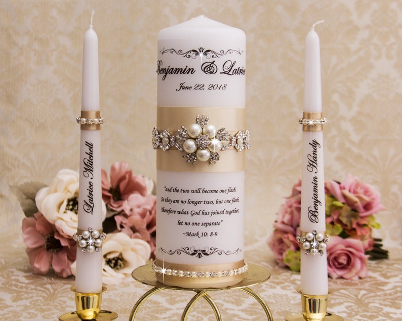Wedding Unity Candle Set With Champagne Ribbons and Pearl Etsy