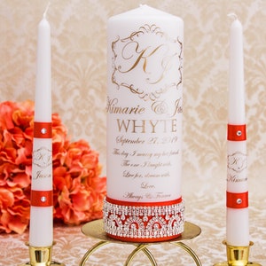 Ensemble personnalisé de bougie d&#39;unité pour le mariage, bougies personnalisées d&#39;unité de mariage ensemble avec le ruban de corail et les strass
