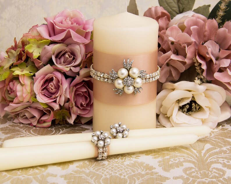 Wedding Unity Candle Set With Blush Ribbons and Pearl Brooch Etsy