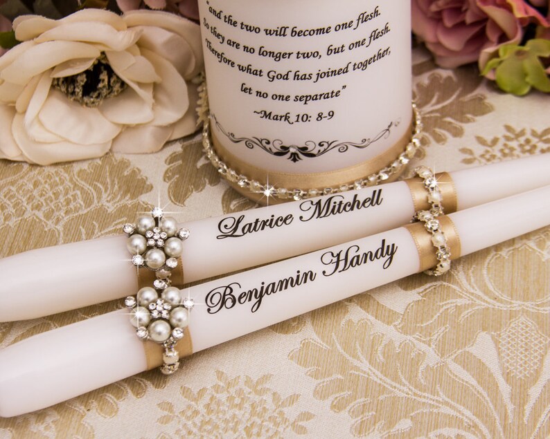 Personalized Wedding Unity Candle Set With Champagne Ribbons Etsy