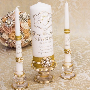 Ensemble personnalisé de bougie d’unité de mariage en or avec des garnitures de strass, ensemble de bougies de mariage d’Art Déco