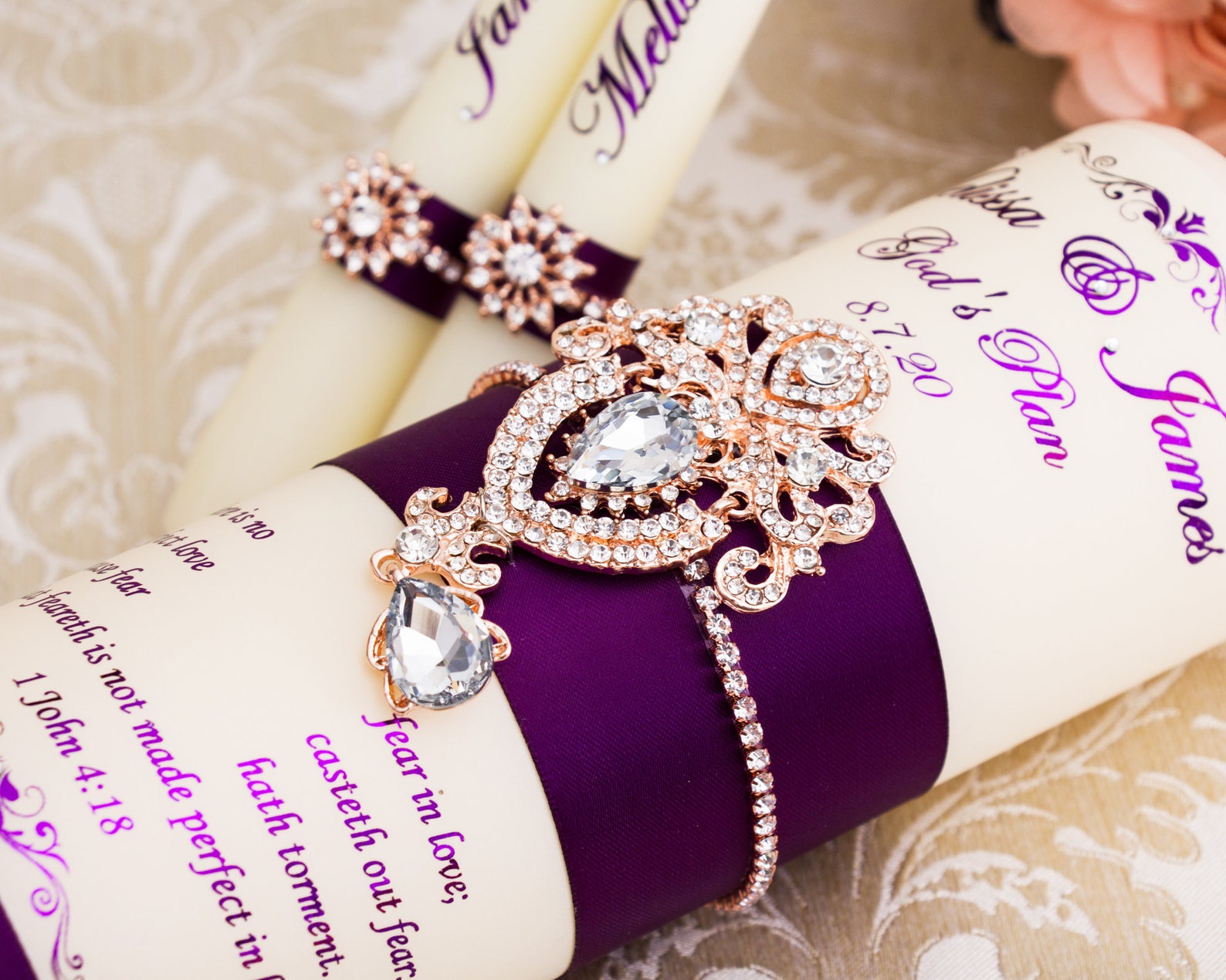 Rose Gold and Purple Wedding Unity Candle Set Wedding Candles Etsy