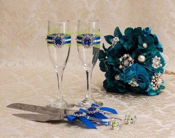 Wedding Flutes, Champagne Flutes, Wedding Cake Knife and Server Ser, Royal blue and Mint Wedding Decor