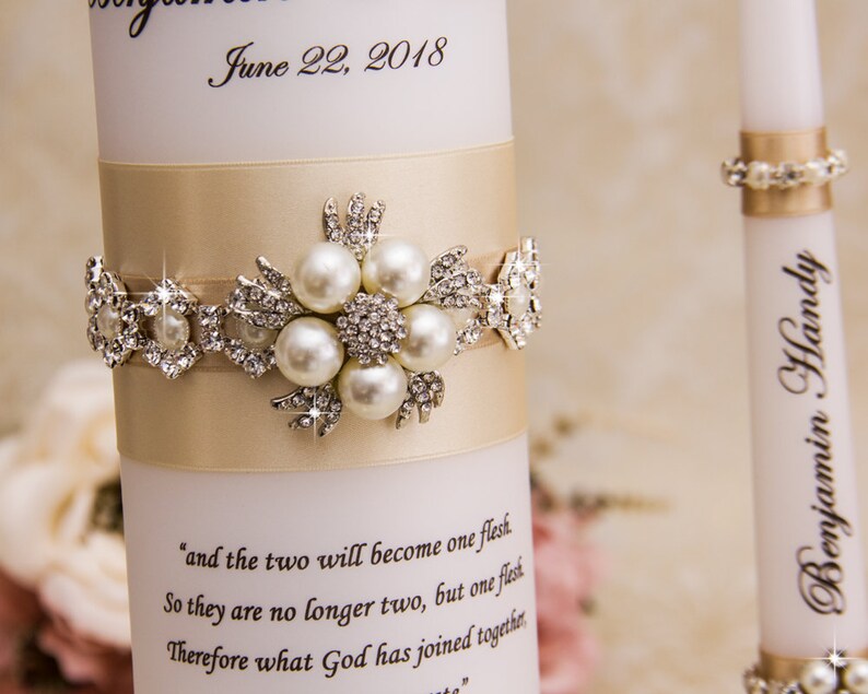 Personalized Wedding Unity Candle Set With Champagne Ribbons Etsy