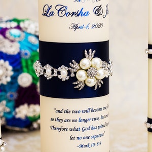 Personalized Unity Candle Set for Wedding Ceremony with Navy Blue Ribbon and Pearl Trim, Navy Blue Wedding Unity Candle Set