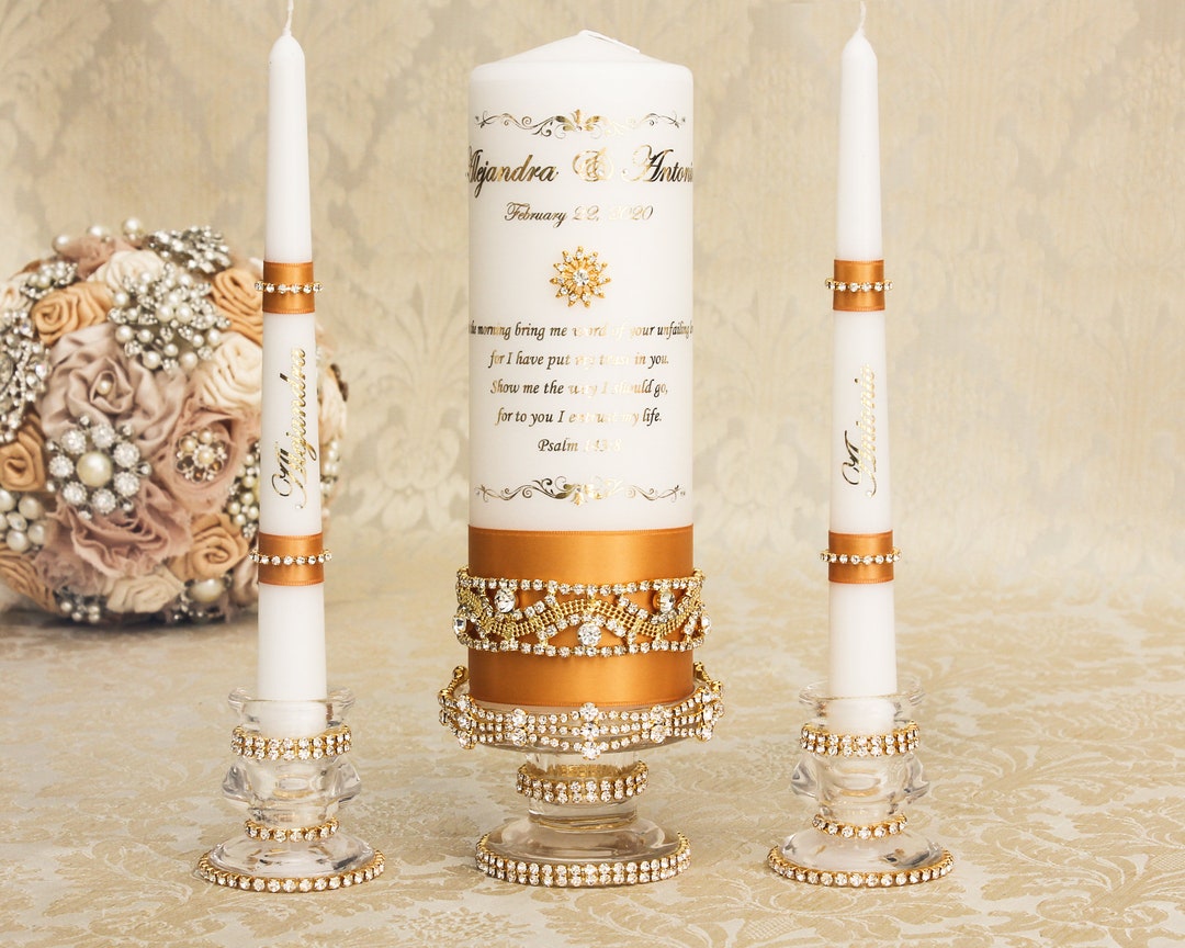 Wedding Unity Candle Set With Gold Rhinestone Trims, Art Deco Wedding