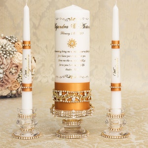 Wedding Unity Candle Set with Gold Rhinestone Trims, Bougies de mariage Art Déco