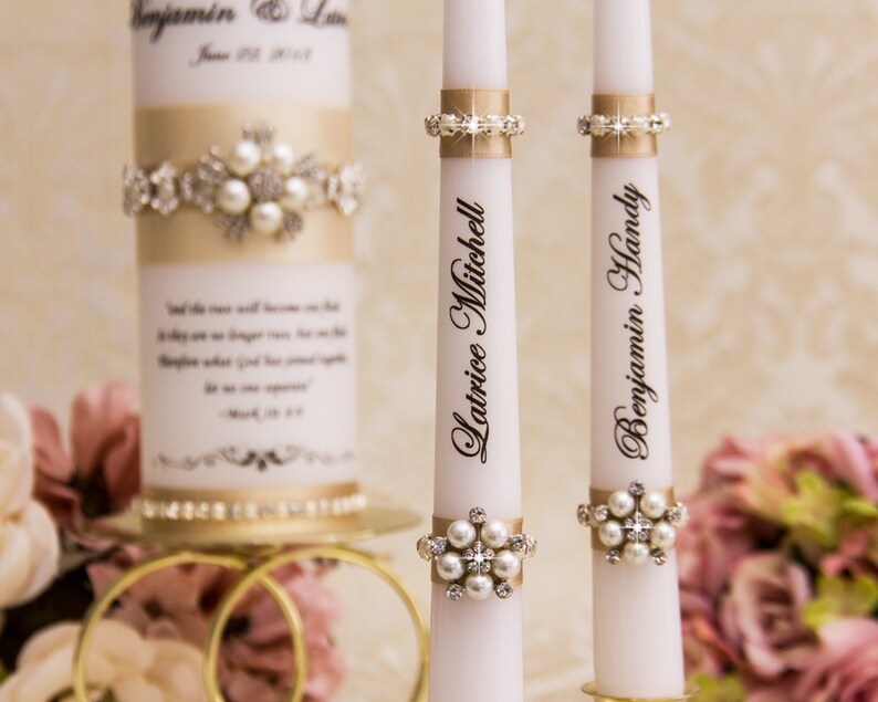 Wedding Unity Candle Set With Champagne Ribbons and Pearl Etsy