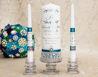 Personalized Unity Candle Set , White Wedding Candle Set TURQUOISE Wedding Candles Wedding Unity Candle Set