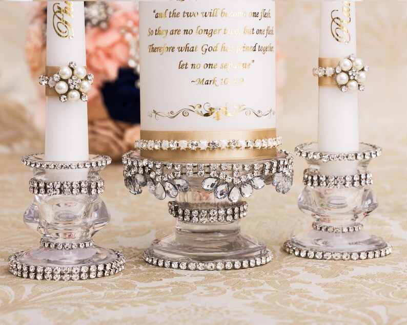 Personalized Wedding Unity Candle Set With Champagne Ribbons Etsy