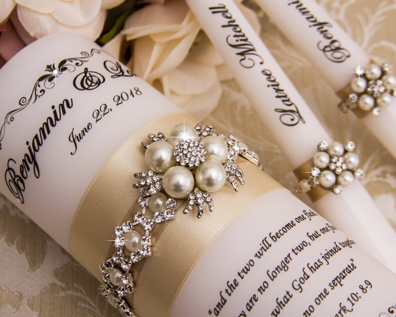 Personalized Wedding Unity Candle Set With Champagne Ribbons Etsy